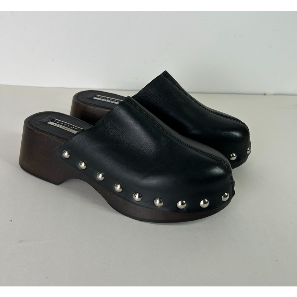 Topshop Leather Mule Clogs Black + Brown Studded Wooden Platform Sandal 7